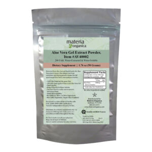 Materia Organica Aloe Vera Gel Extract Powder in a silver pouch, kosher, 50 grams