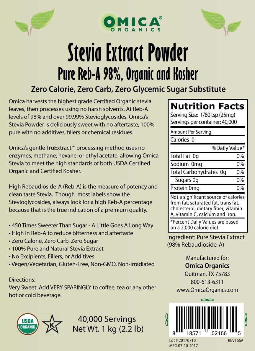 Stevia Extract Powder 98% Reb-A, Organic, Kosher (1 k, 2.2 lb) bulk - Omica  Organics