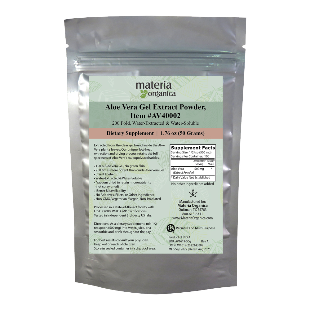 Materia Organica Aloe Vera Gel Extract Powder in a silver pouch, kosher, 50 grams